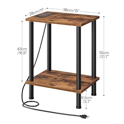 Side Table with Charging Station, End Table with USB 1 Rustic Brown + Black