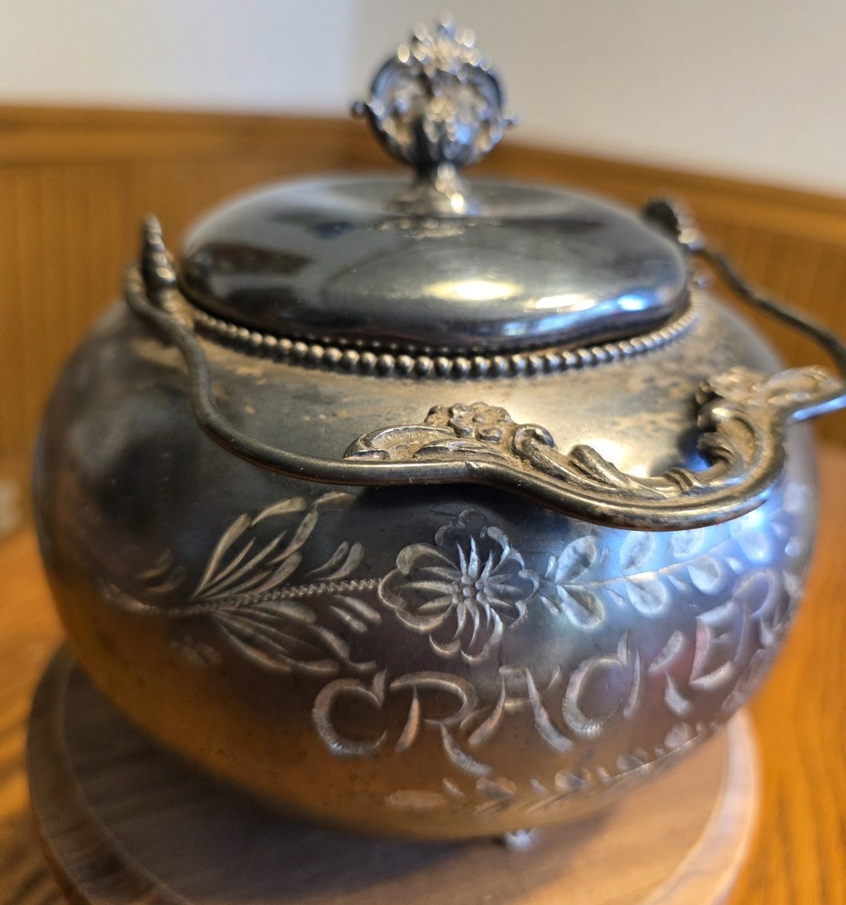 Antique Cracker Jar Quadruple Silverplate With Handle Victorian Etched