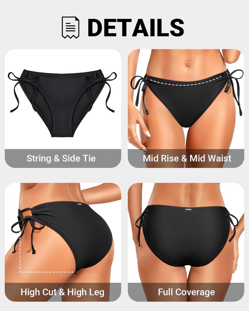 Zmart Women String Tie Bikini Bottom Full Coverage Mid Rise Swim