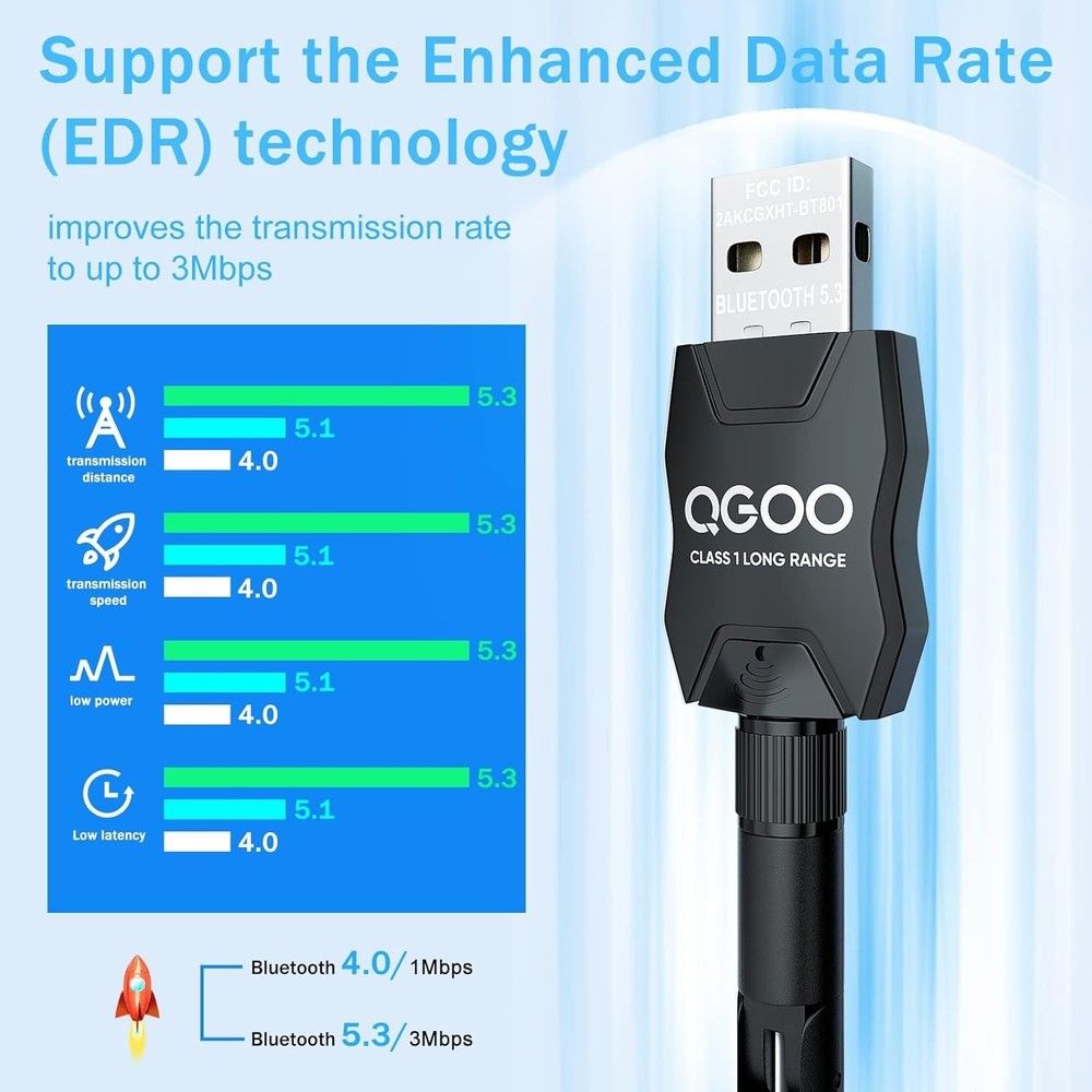 USB Bluetooth Dongle 5.3 - Class 1 Long-Range Receiver for Multi-Device Support