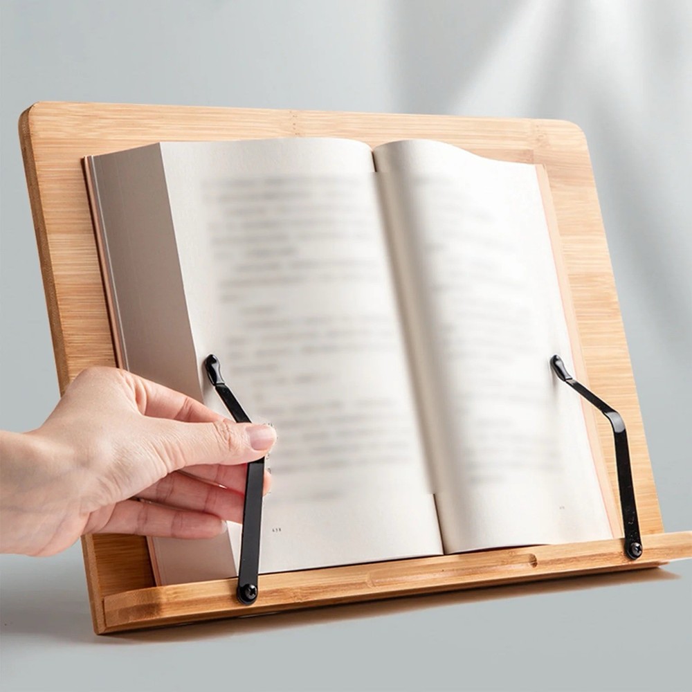 Bamboo Book Stand Adjustable Foldable Holder Lightweight Cookbook Reading Desk