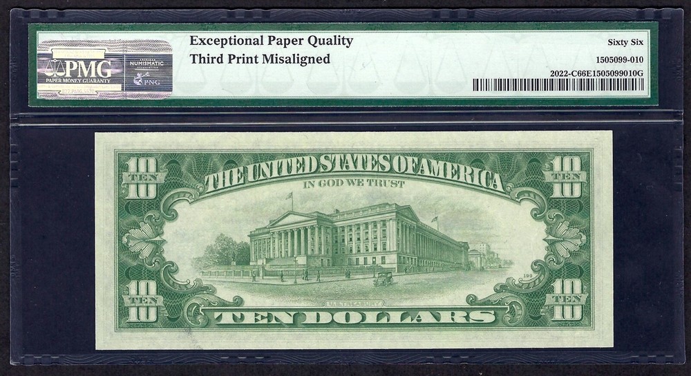 🇺🇸 1974 $10 ERROR ♚♚THIRD PRINT MISALIGNED♚♚ PMG GEM UNC 66 EPQ