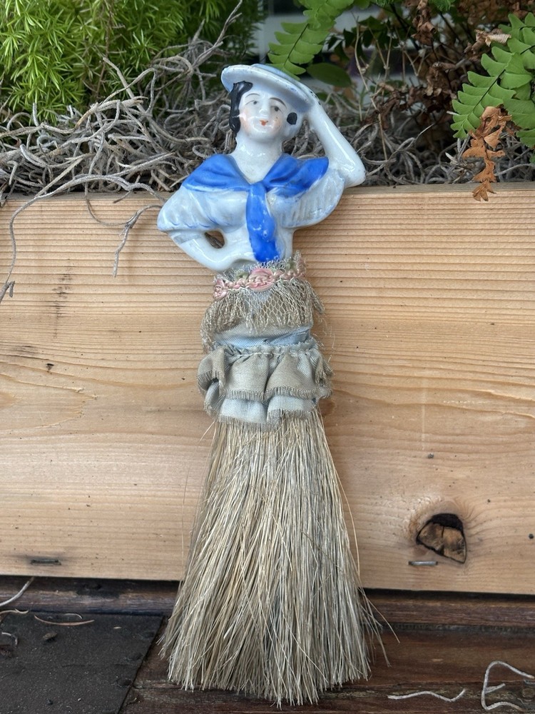 Vintage Porcelain Flapper Half Doll Clothes Vanity Brush