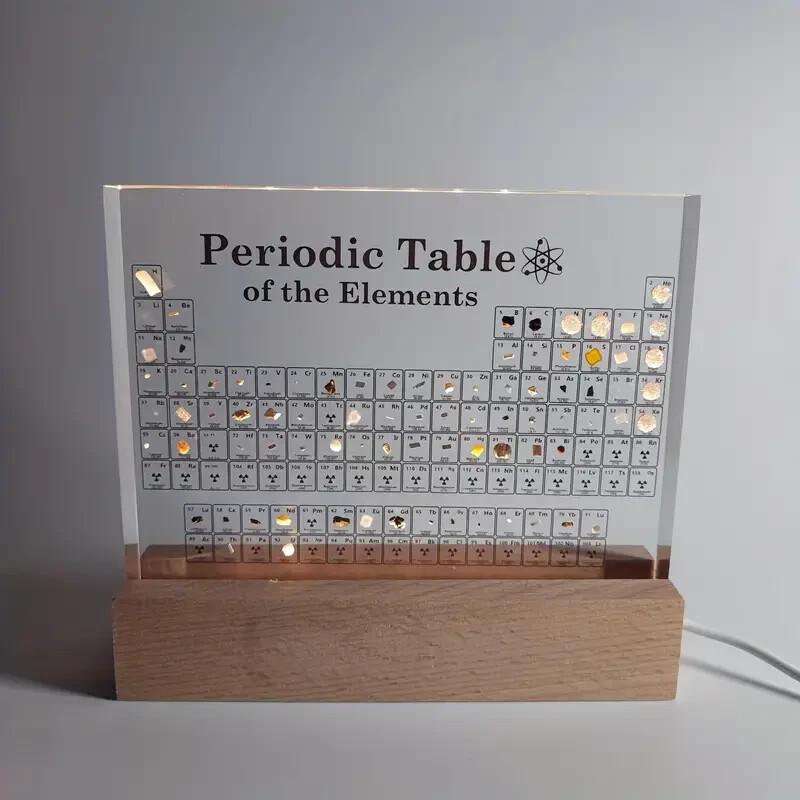 Wood Base Periodic Table with Real Elements Display With LED Acrylic