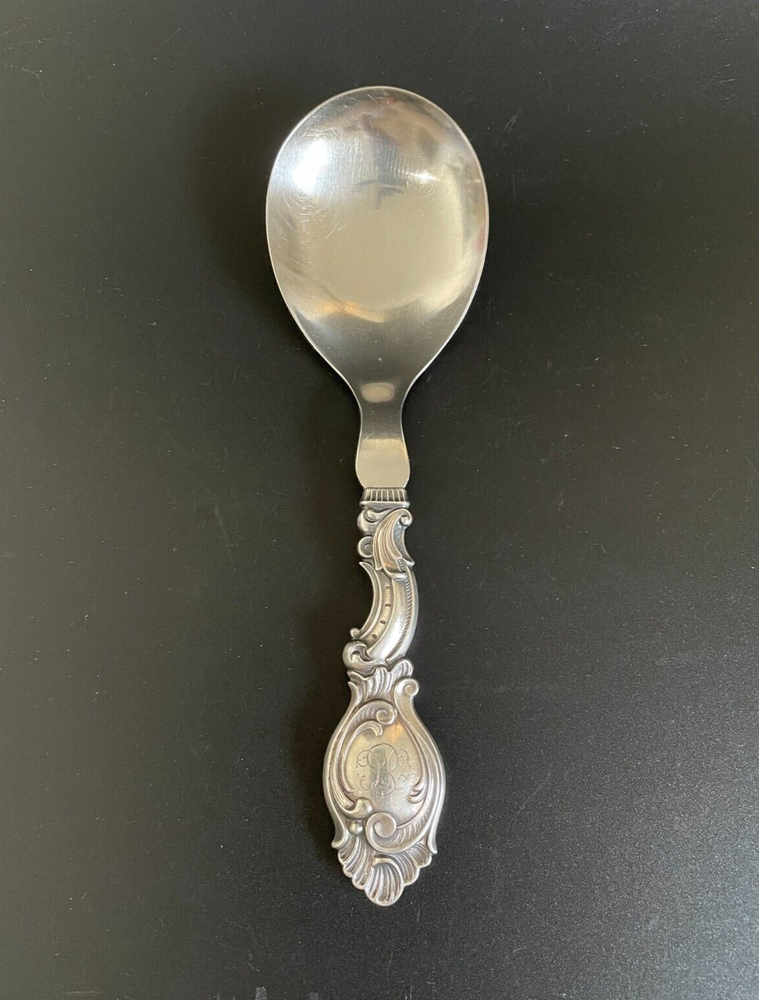 Vintage 1949 Johannes Siggaard Danish Silver 7¾" Serving Spoon w/ Rococo Handle
