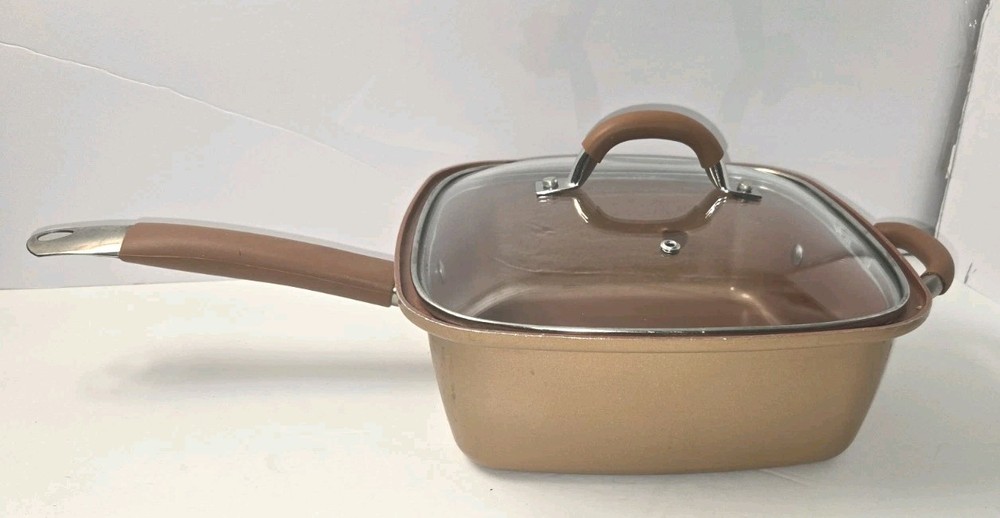 Copper Square Pan 9.5 Inch With Handle And Vent Lid Nonstick Multipurpose