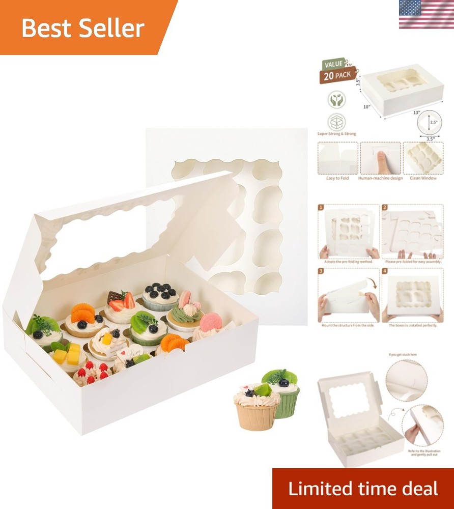 Sturdy 12-Cup Cupcake Boxes - 20 Count with Clear Windows for Perfect Display