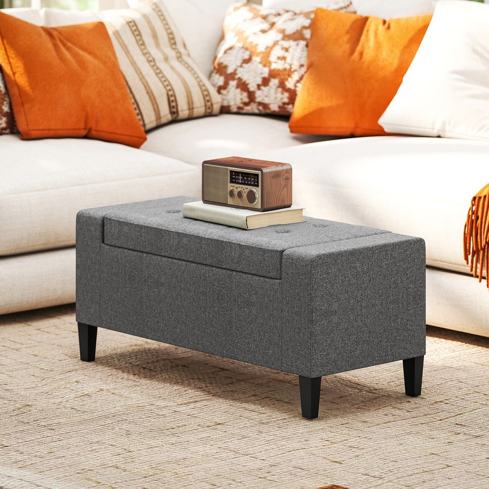 Rectangular Tufted Linen Storage Ottoman Bench with Flipping Top Gray