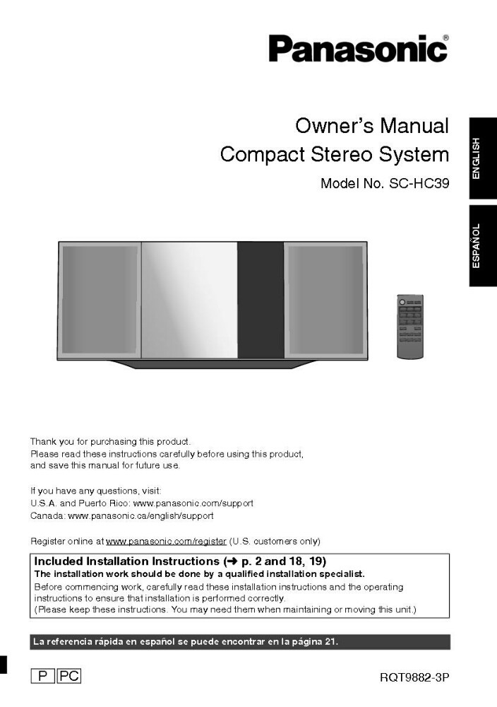 Panasonic SC-HC39 Stereo System Owners Instruction Manual