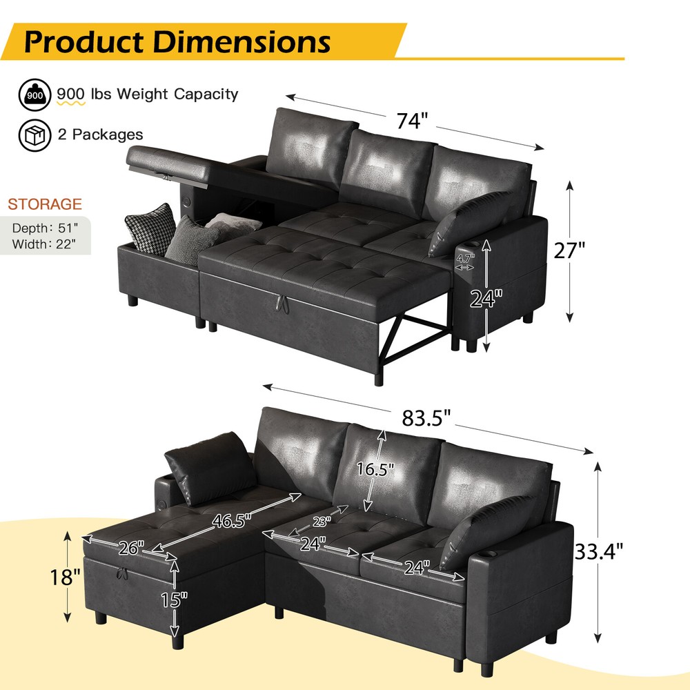 3 in 1 Pull Out Sofa Bed Sleeper Sofa with Storage Chair Sectional L Shape Couch