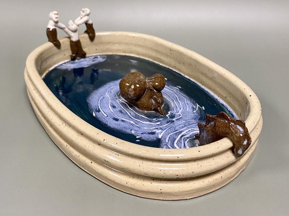 Handmade Mudworks Art Pottery Monkeys Alligator Display Tray Signed Numbered