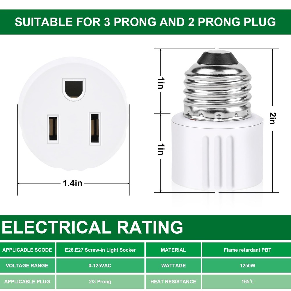 Outlet Light Socket Adapter,Screw in Outlet Socket,E26 Light Bulb to Outlet S...