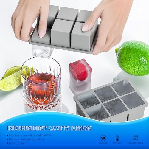 Large Ice Cube Tray for Whiskey, Big Silicone Square Ice Cube Mold with 1 Gray