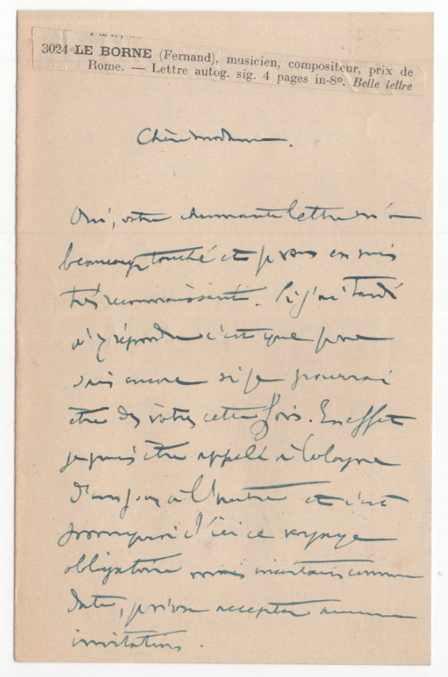 Fernand Le Borne Signed Letter / Autographed French Composer