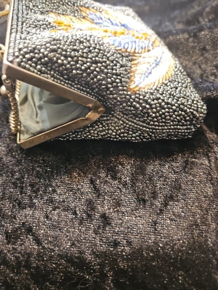 Boho Retro Vtg 1960s Seed Bead Small Evening Clutch Maple Leaf