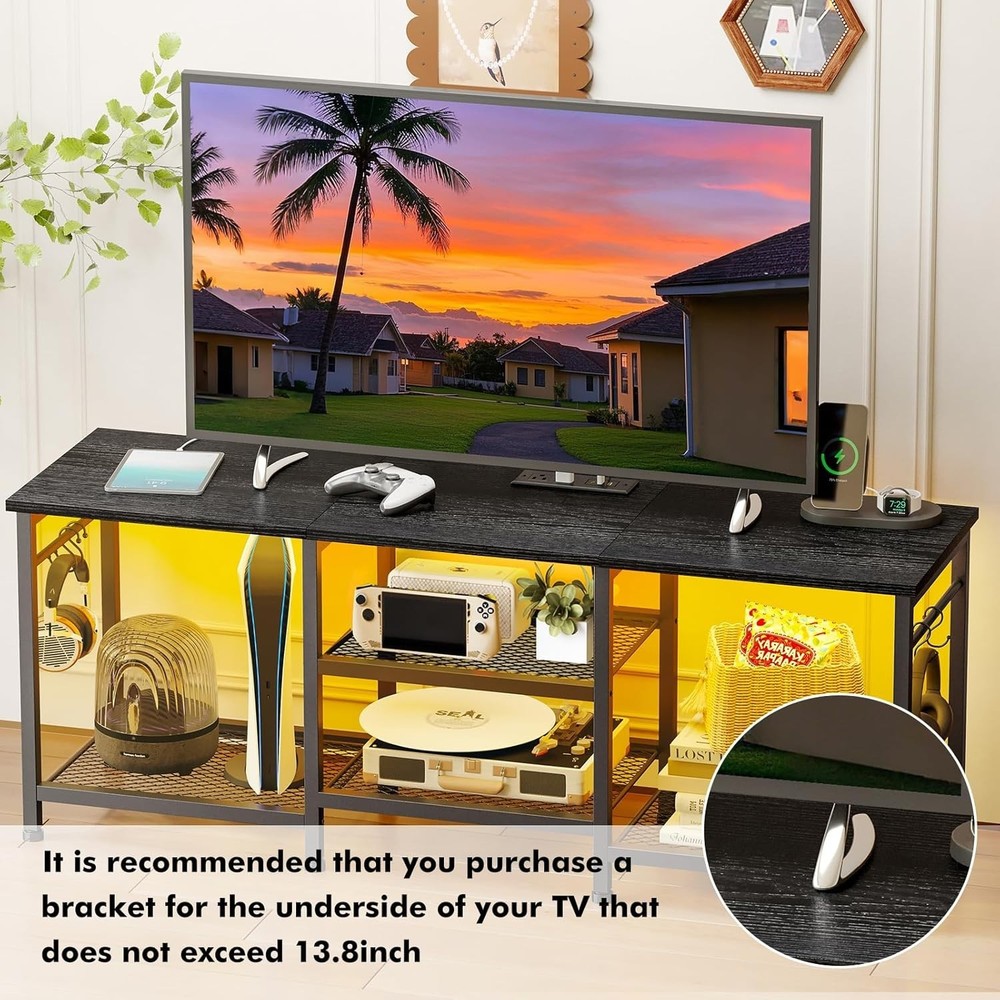 Versatile Black TV Console with LED Lights & Large Open Storage for Media