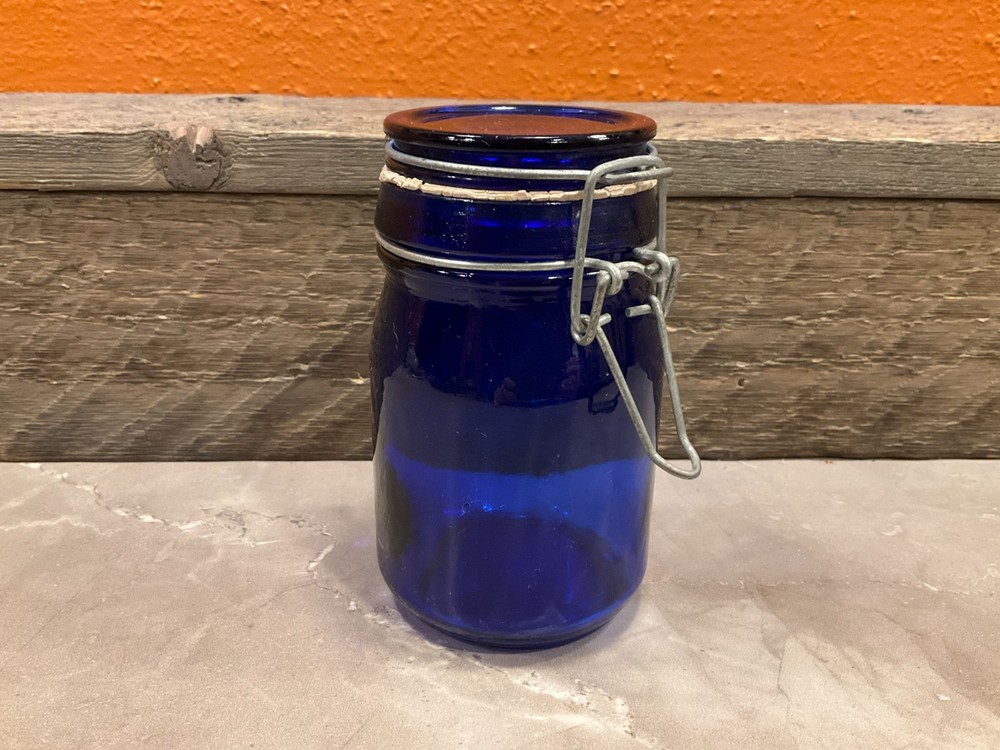 Vintage Cobalt Blue Glass Jar Container Wire Bail closure,