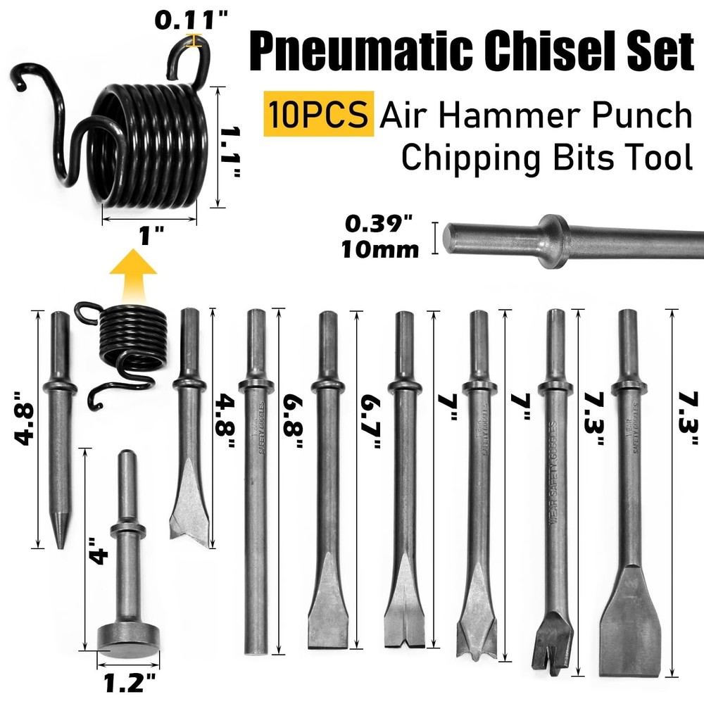 10Pcs Air Hammer Bits Set, Pneumatic Chisel Tools with Spring, Air Hammer Pun...