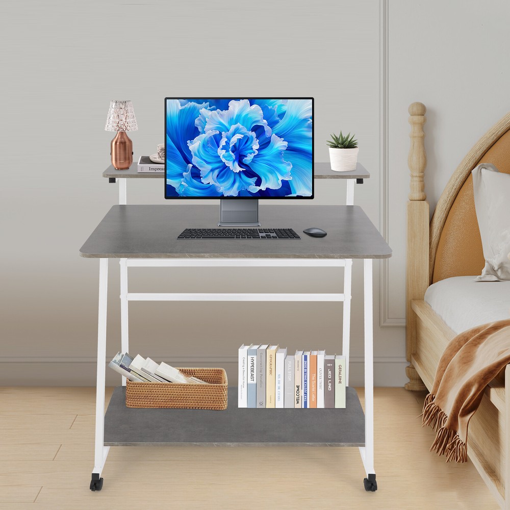 3-tier Computer Desk, Home Office Desk, Rolling Computer Desk, White, Grey