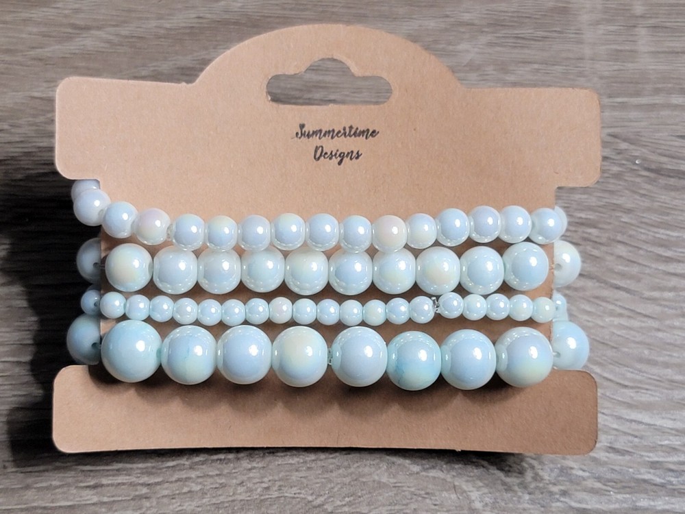 Glass Bead Bracelet Stack 7" Iridescent Mint Green