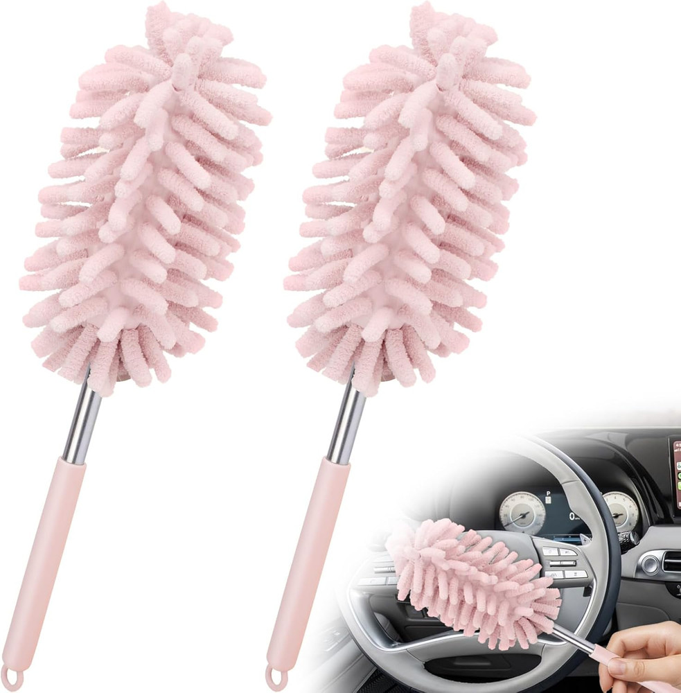 2 PCS Microfiber Car Duster Set with Bendable Head & Extension Pole - Pink