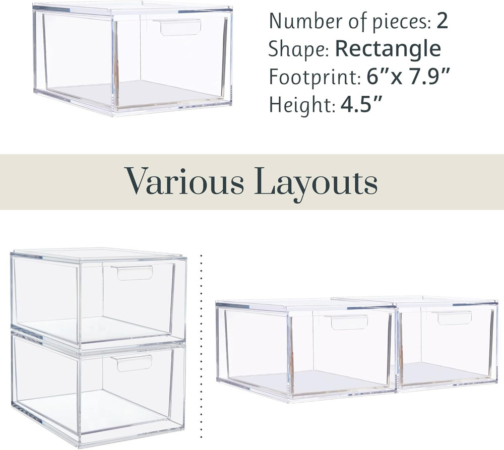 Audrey Stackable Clear Bin Plastic Organizer Drawers | 2 Piece Set | Organize Co