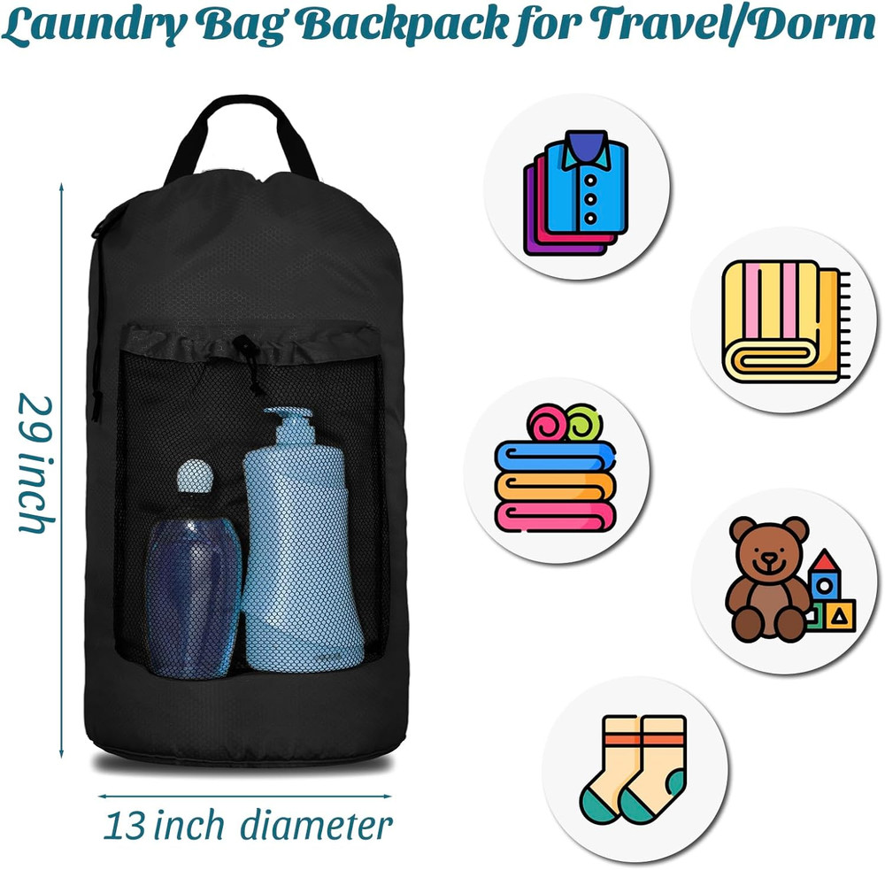 Large Laundry Bag Backpack Travel Laundry Hamper with Shoulder Straps Black