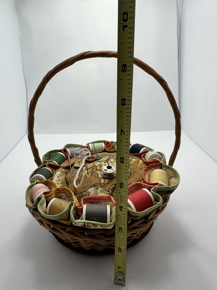 Vtg Sewing Small Basket With Handle Pin Cushion , thread, needles