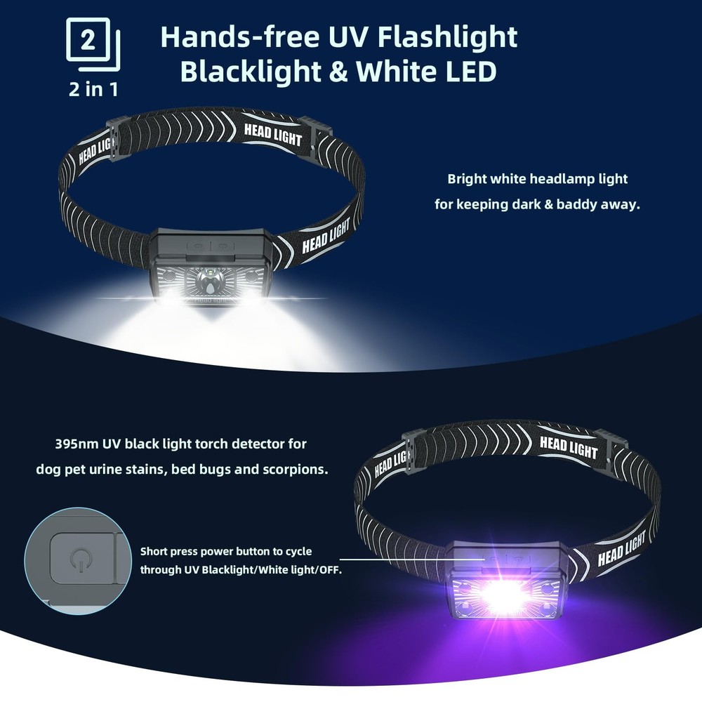 SEVENKA 2 UV LED Headlamp Flashlight Blacklight Pet Urine Detector Rechargeable