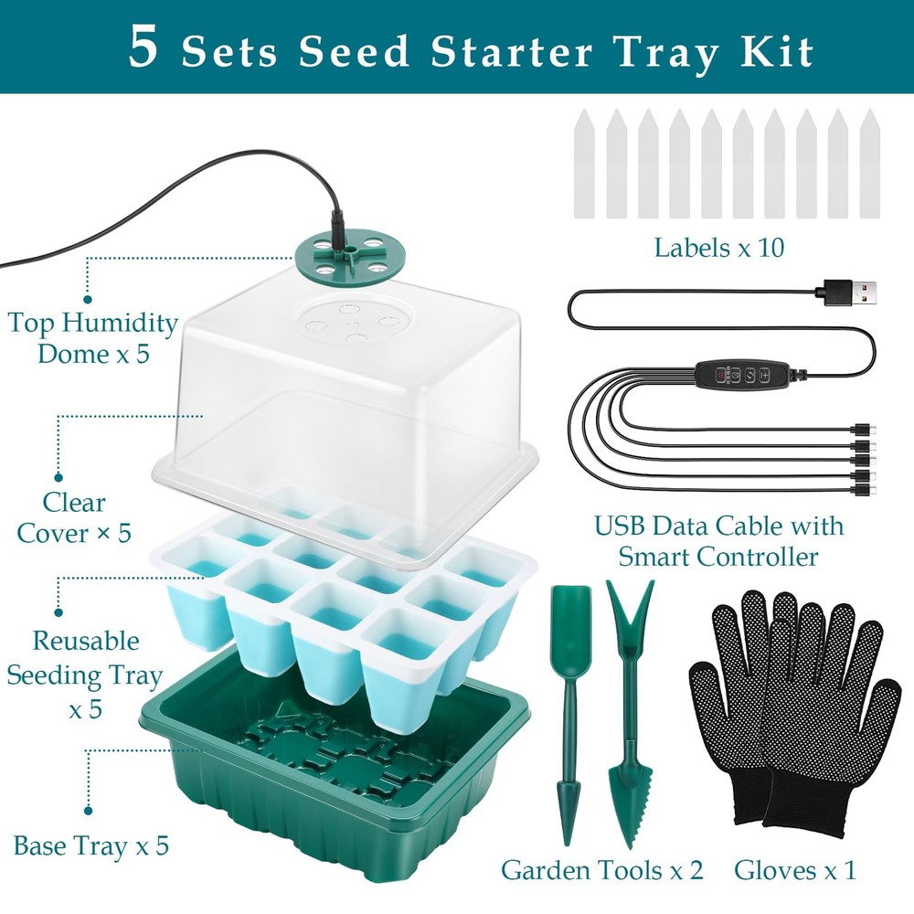 Seed Starter Tray with Grow Light, 60 Flexible Cells 5 PCS Seed Starter Kit, ...