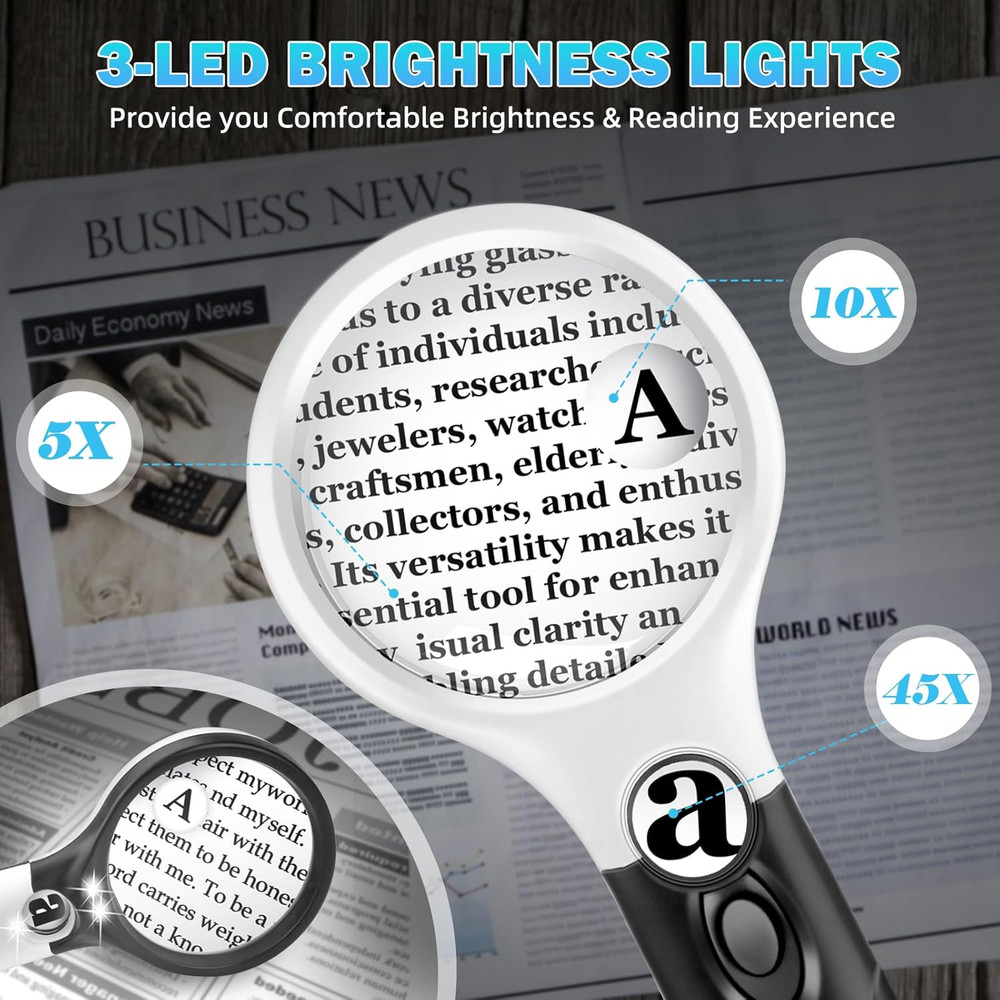 Compact Magnifying Glass with Lights,45X 10X 5X Small Handheld Lighted Magnifier