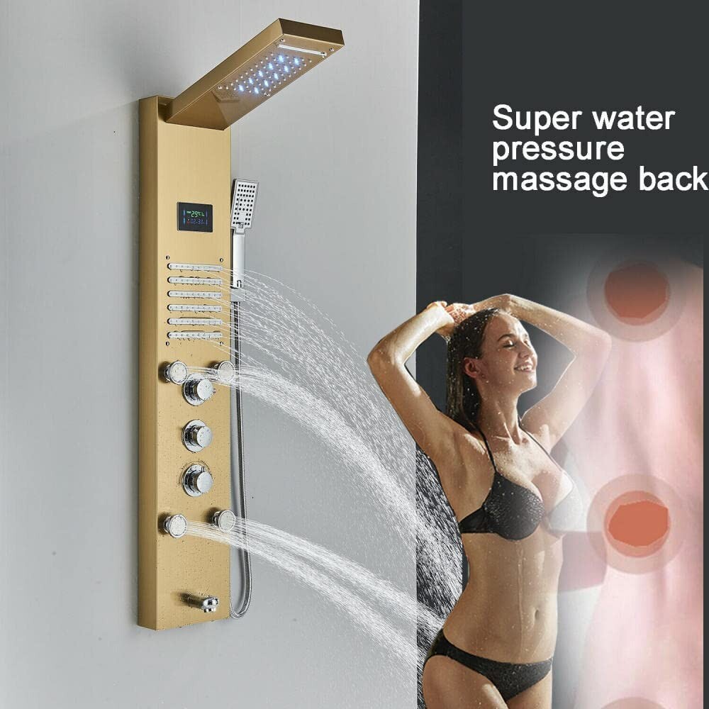 Brushed Gold Shower Panel Tower System LED Rainfall Waterfall Head Faucet Set