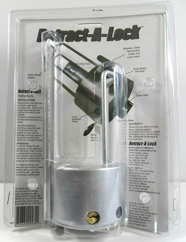 Bicycle Retractable Lock Holds Water Bottle 60” Long Stainless Cable