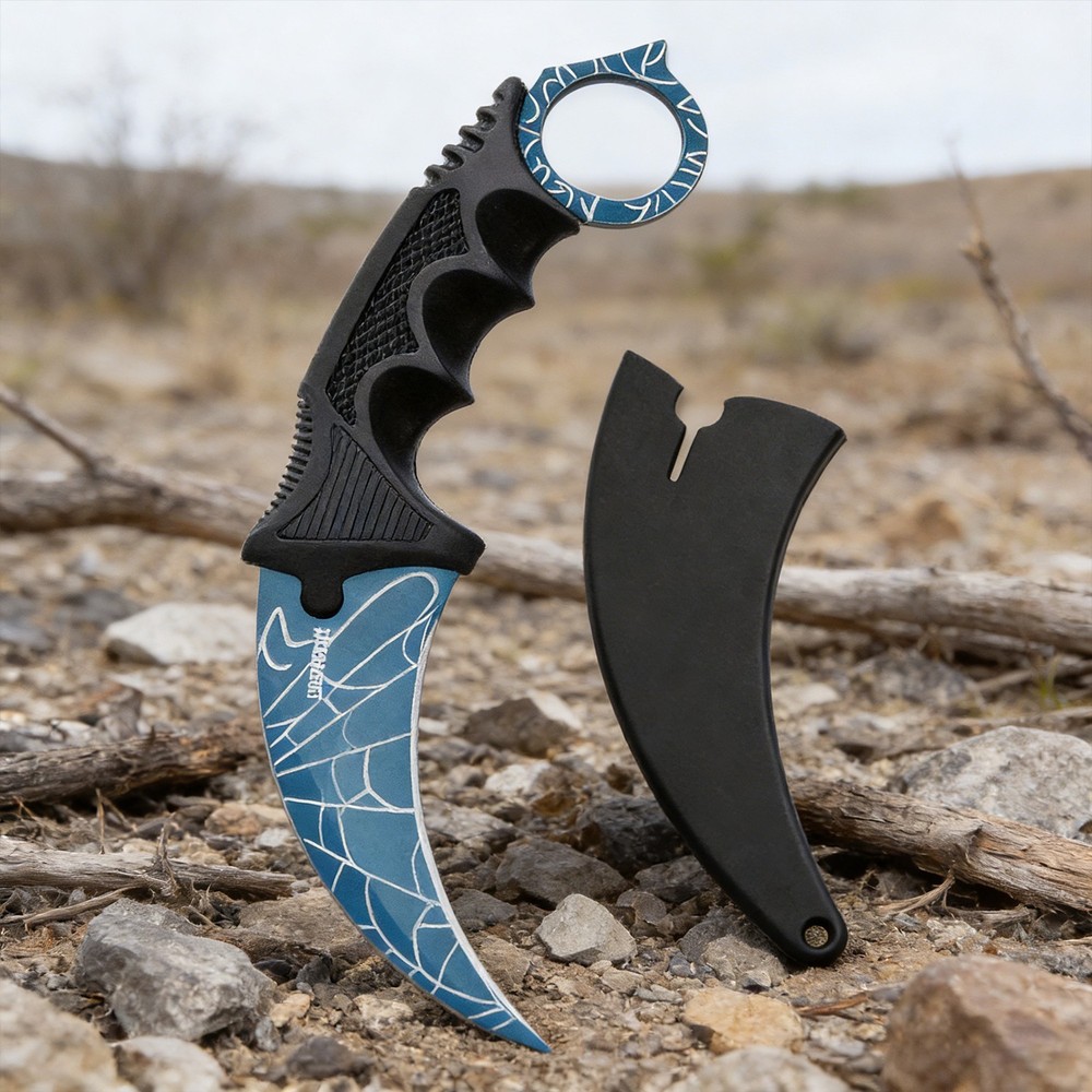 7.5" Tactical Karambit Throwing Knife - Fixed Blade, Hard Sheath Blue