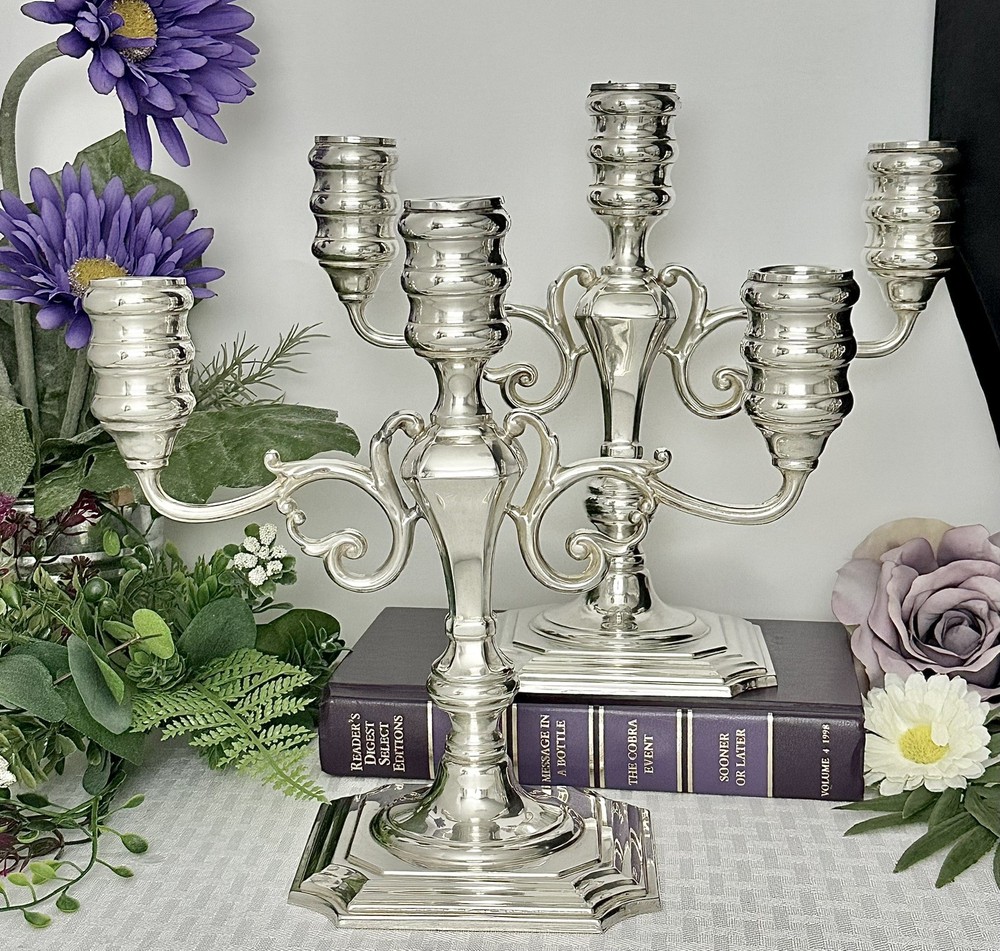 Sterling Silver Candelabras Pilgrim Candlesticks Rococo Revival Styled Mono - 2