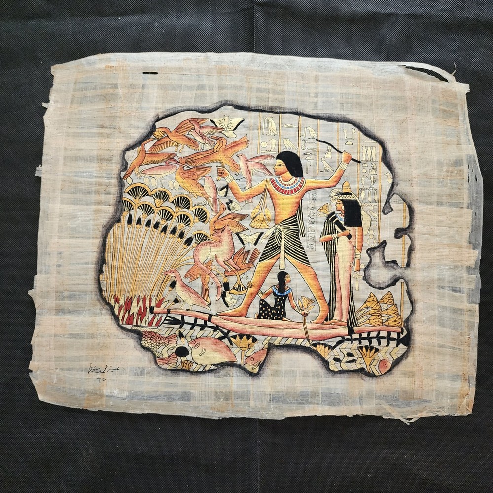 Hand Painted Authentic Ancient Egyptian Papyrus Replica From Temple Walls Signed