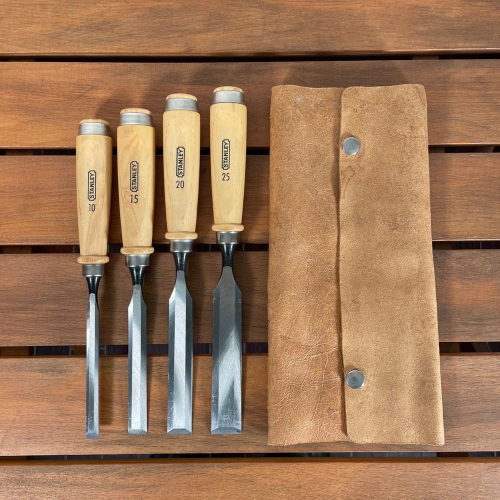STANLEY Chisel Set 4 Pc with Leather Cover Used Woodworking Hand Tools