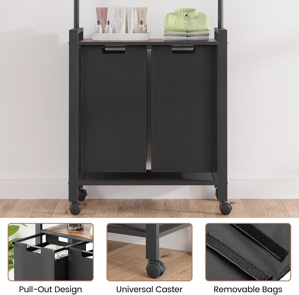 2-Section Rolling Laundry Hamper Sorter+Retractable Hanging Rod for Laundry Room