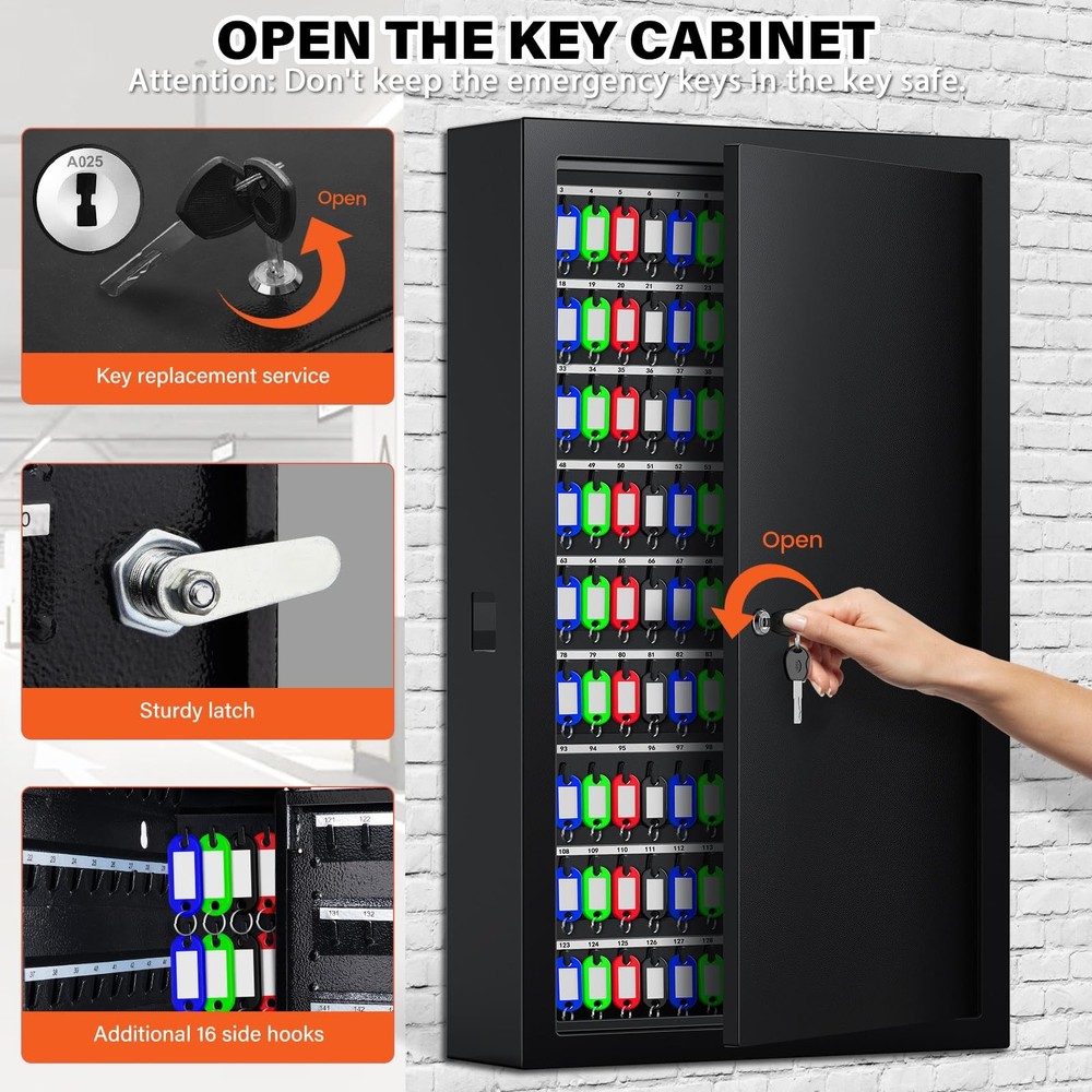 225 Keys Key Lock Box Wall Mount with Additional 16 Side Hooks and Key Tags, ...
