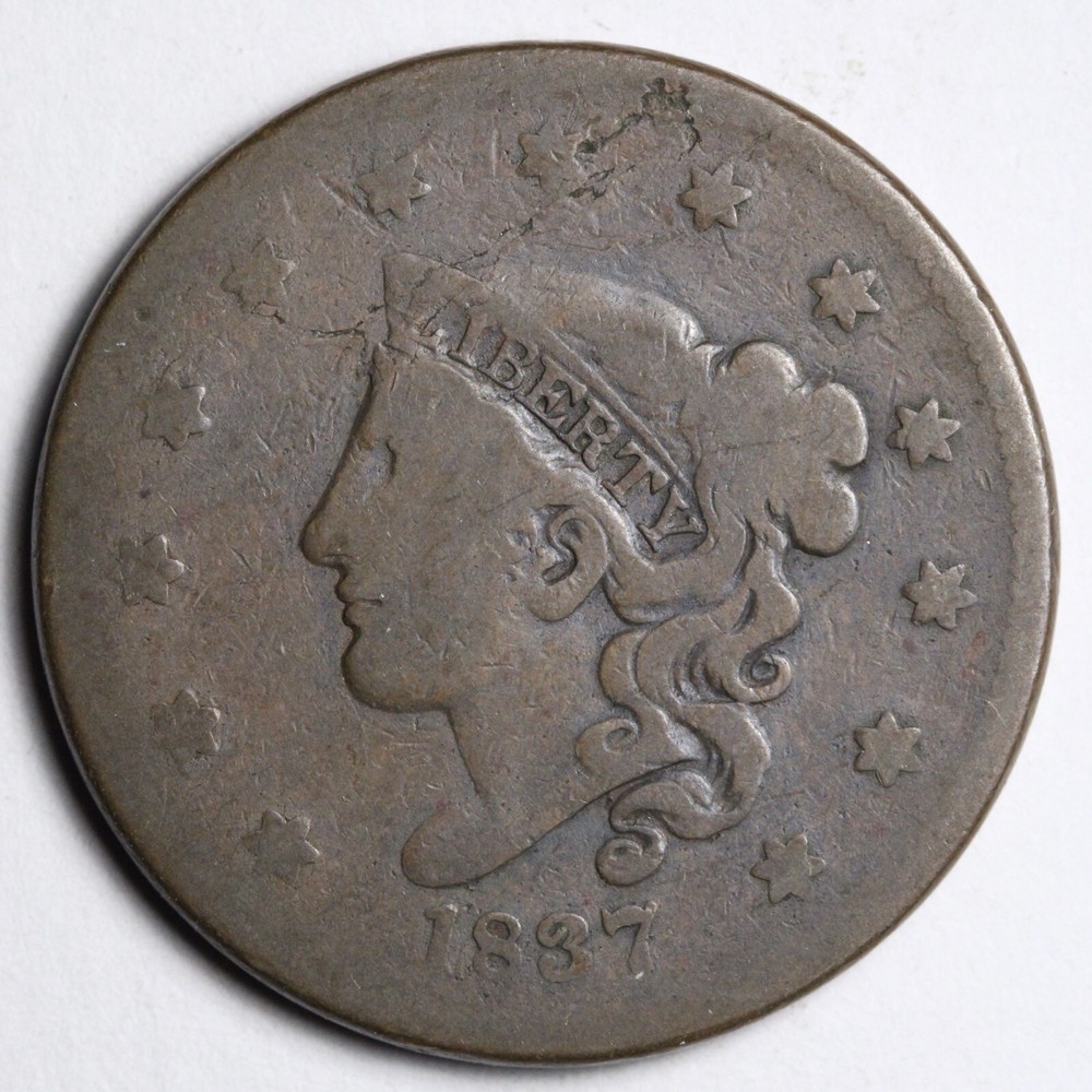 1837 DIE CRACK Coronet Head Large Cent CHOICE FINE E148 GKCA