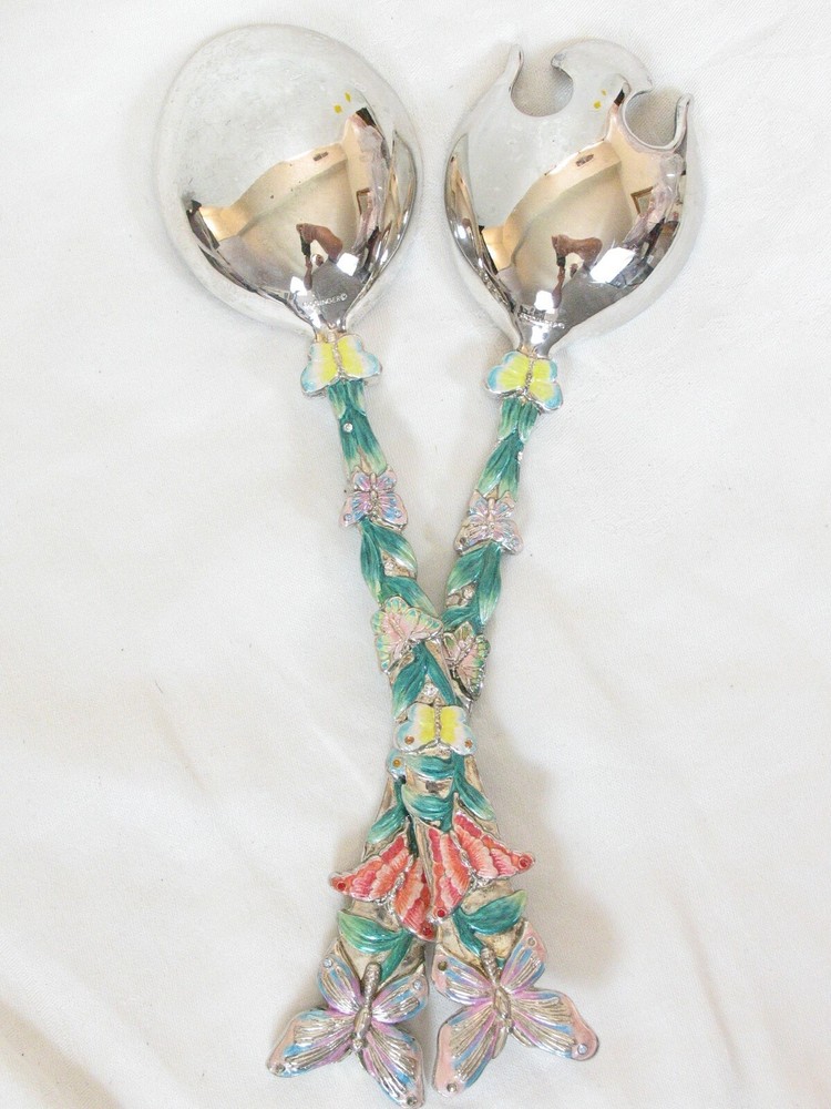 Godinger Rare Silverplated Enamel Butterflies Serving Spoon and Fork