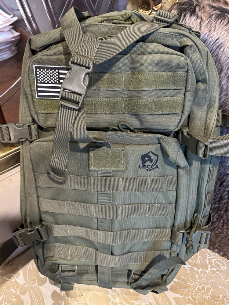 USCCA Tactical Backpack Green MOLLE American Flag Patch Adjustable Straps
