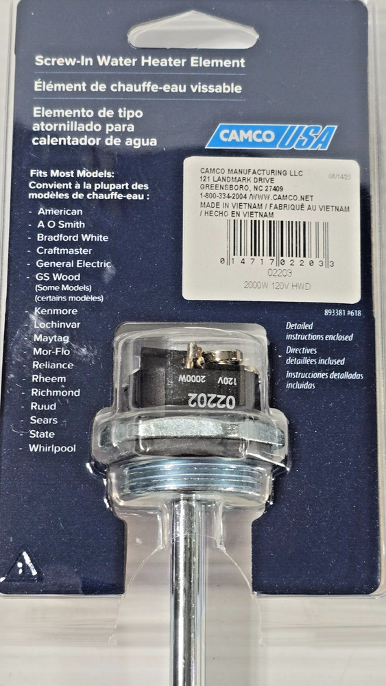 Camco 02203 Screw-In Universal Water Heater Element, HWD 120 Volt, 2000 Watt