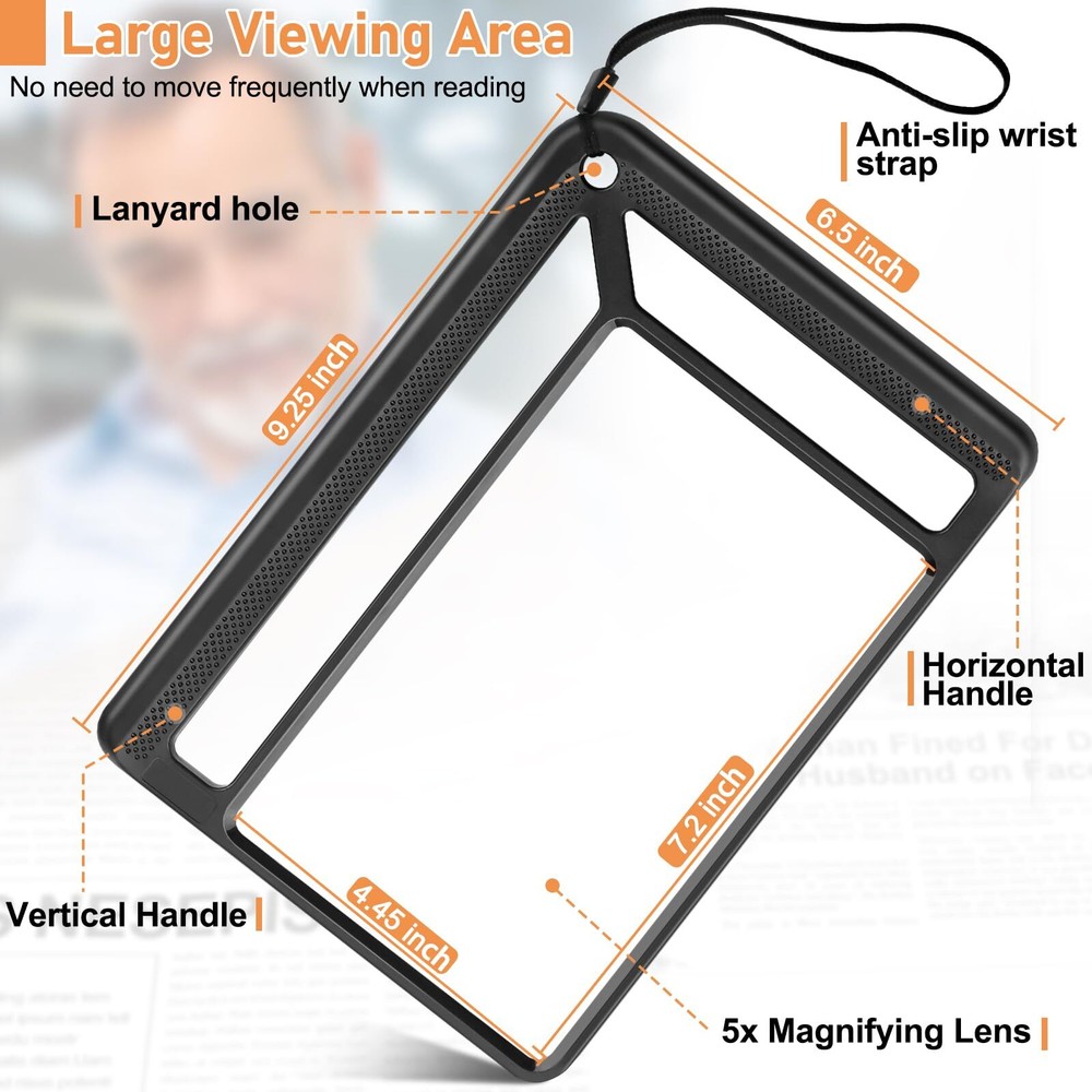 5X Full Page Magnifying Glass for Reading, Lightweight Rectangular Magnifier