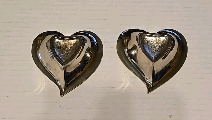 Set of Two (2) Silver Plated Heart Shaped Taper Candle Holders Solid Heavy