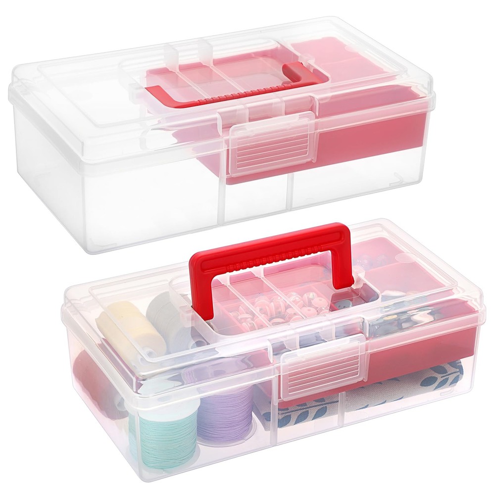 Clear Plastic Storage Box with Tray Handle Craft Sewing Organizer 2 Pack