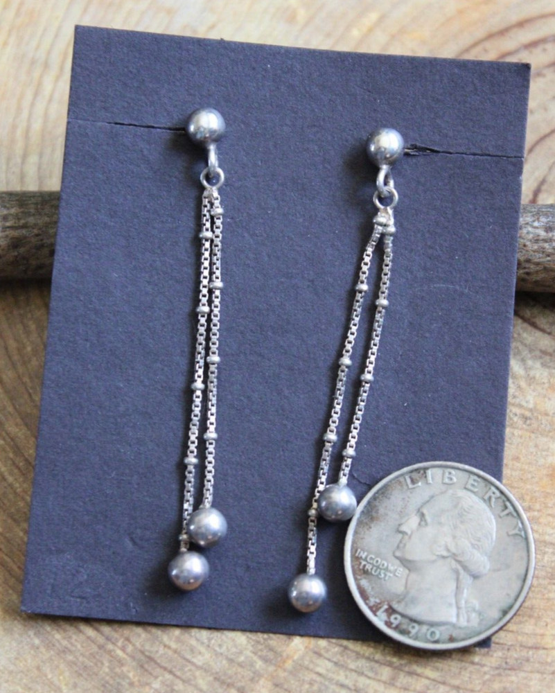 Double Stand Sterling Silver Box Chain & Ball Dangle Earrings