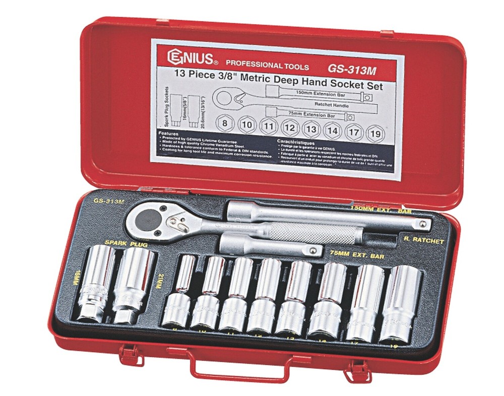 Genius Tools 13 Piece 3/8" Dr. Metric Deep Hand Socket Set - GS-313M