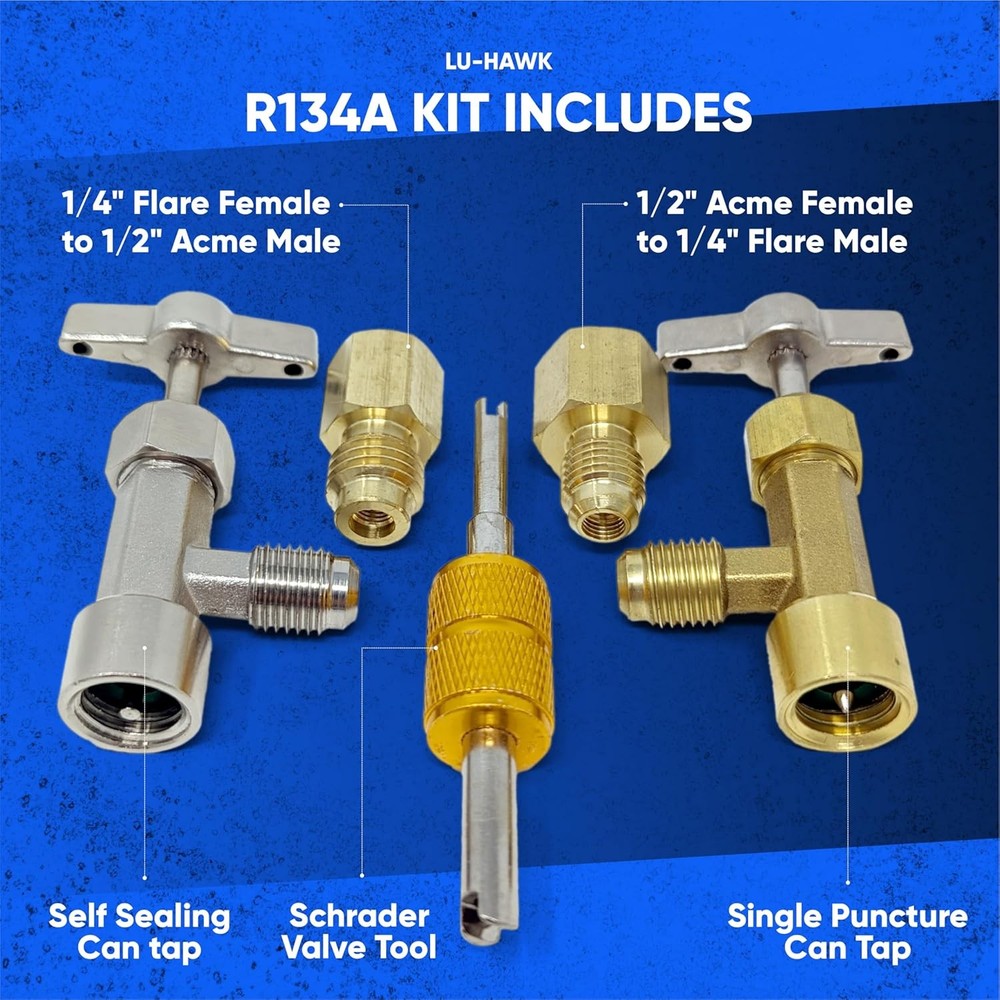 Lu-Hawk R134A Adapter Fitting Kit Self-Sealing & Puncture Can Taps with Core Too