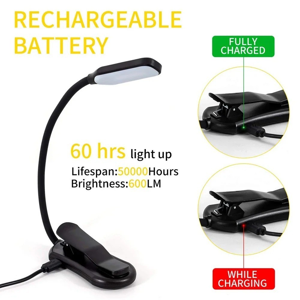 Flexible Rechargeable LED Book Light With 3 Light Modes Easy Clip Reading Lamp